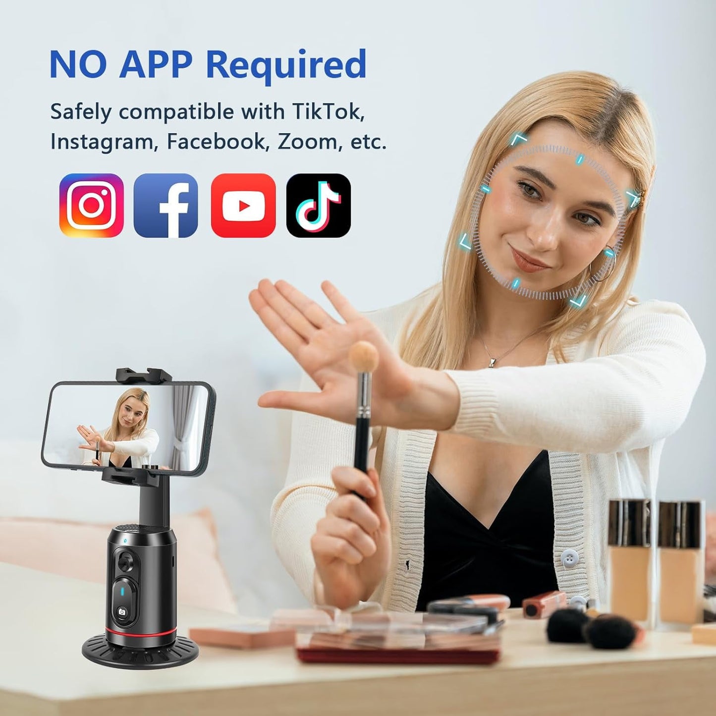 Auto Face Tracking Tripod AI Smarts 360° Rotating Auto Tracking Phone Stand No App Required Camera Stand with Remote and RGB Fill Lights Rechargeable Shooting Stand for Live Video Recording Tiktok