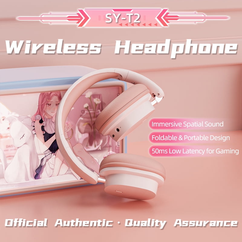 Wireless Bluetooth Headphones Over Ear Hi-Fi Stereo Wireless Headphones Foldable/Wired/Wireless with Microphone/TF Available for TV Travel Home Office Headset Quick Charge 20 Hours Playtime Pink