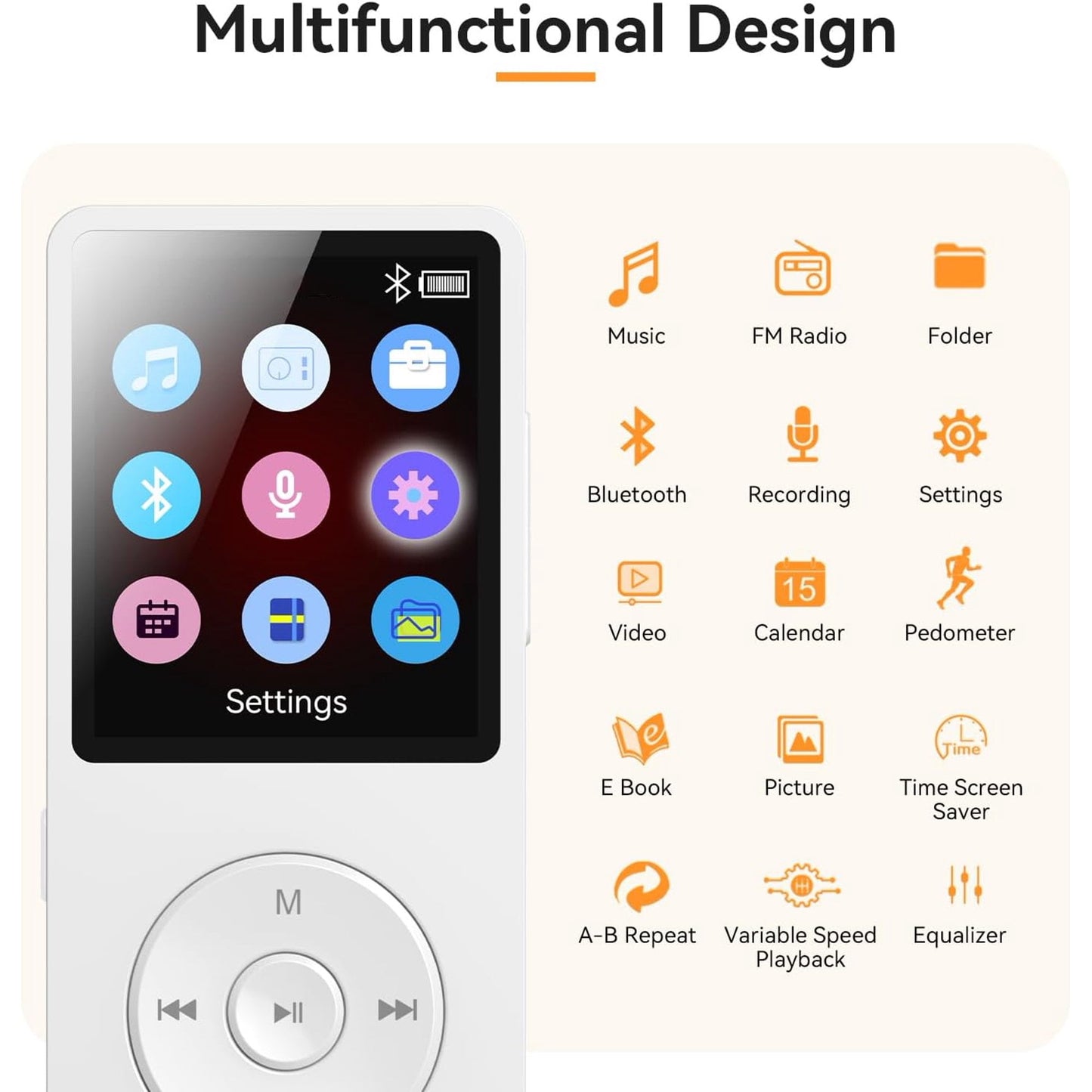 MP3 Player with Bluetooth and 32GB TF Card HiFi Music Player with Built-in Speaker Earphones Multifunctional MP3 Players with FM/Recording/E-Book/Video Supports up to 128GB for Kids Running Walking
