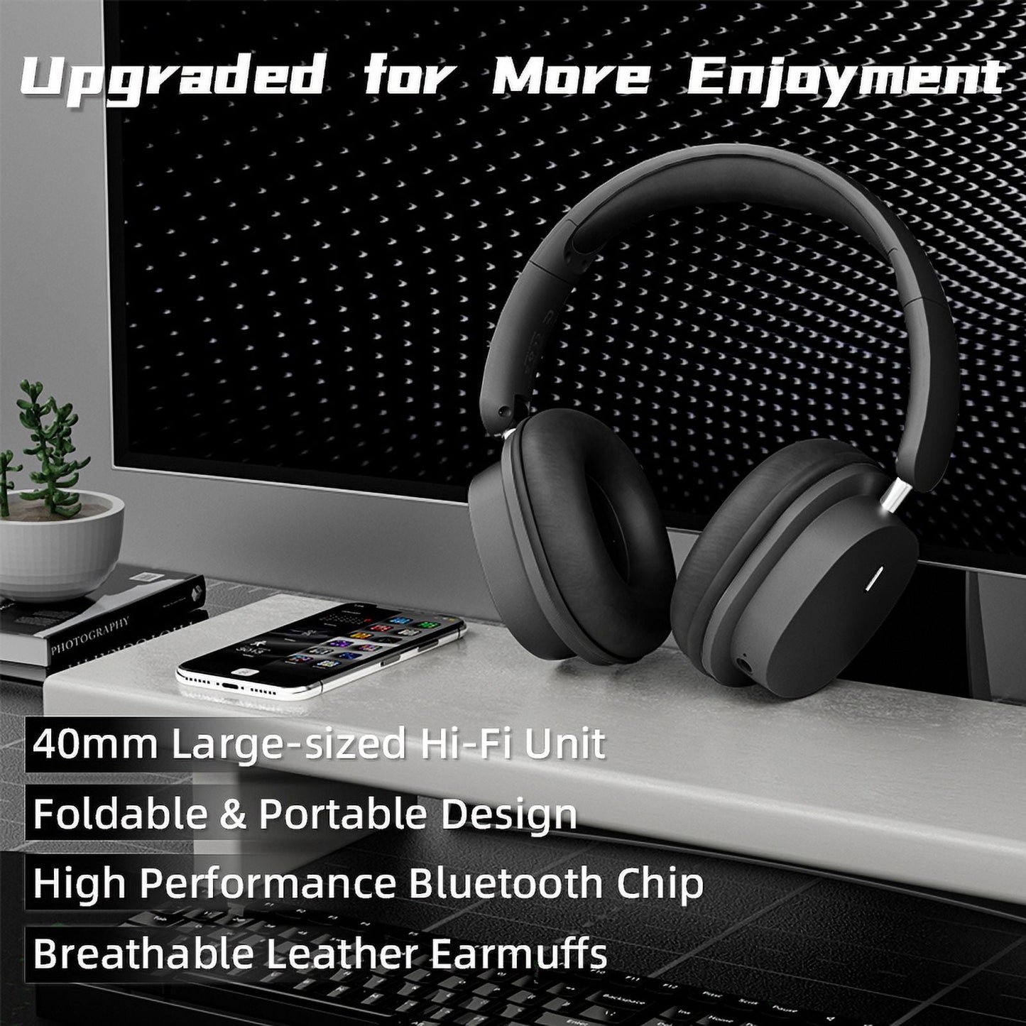 Wireless Bluetooth Headphones Over Ear Hi-Fi Stereo Wireless Headphones Foldable/Wired/Wireless with Microphone/TF Available for TV Travel Home Office Headset Quick Charge 20 Hours Playtime Black