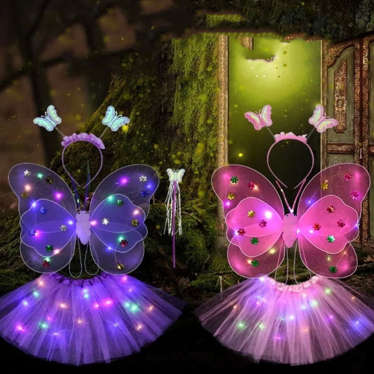 LED Children Costume Props Halloween Christmas gifts Fairy Princess Kids Costume Sets Butterfly Wings Wand Headband Tutu Skirt New Year Gifts Rose Red with Light