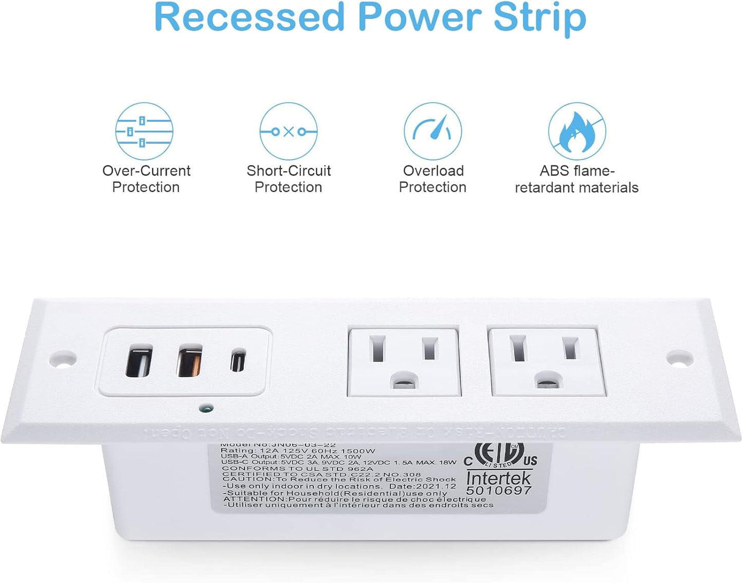 Recessed Power Strip with 20W USB C Port Fast Charging USB A Port Desk Outlet Furniture Hidden Charging Station for Side Table End Table with 6FT 45 Degree Flat Plug Extension Cord White