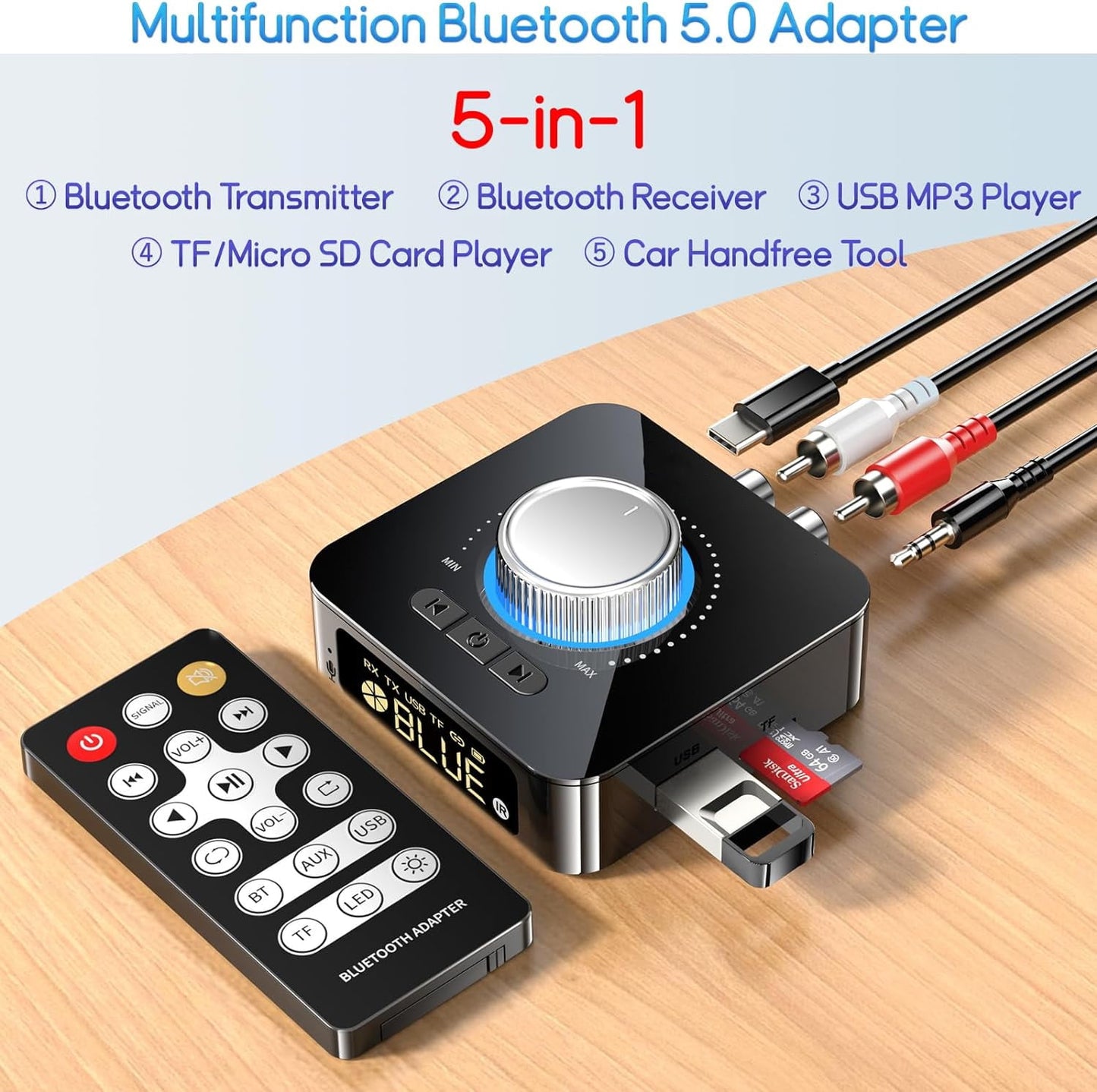 Bluetooth Audio Transmitter Receiver with Remote 5-in-1 Bluetooth 5.0 Adapter for TV Car CD PC Home Stereo Speaker Headset Support 3.5mm AUX RCA USB U Disk MP3/Micro SD TF Card Playback