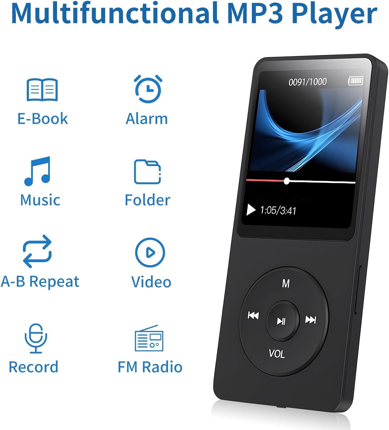 MP3 Player Music Player with 32GB Micro SD Card Earphone Build-in Speaker/Photo/Video Play/FM Radio/Voice Recorder/E-Book Reader Supports up to 128GB for Kids Running Walking