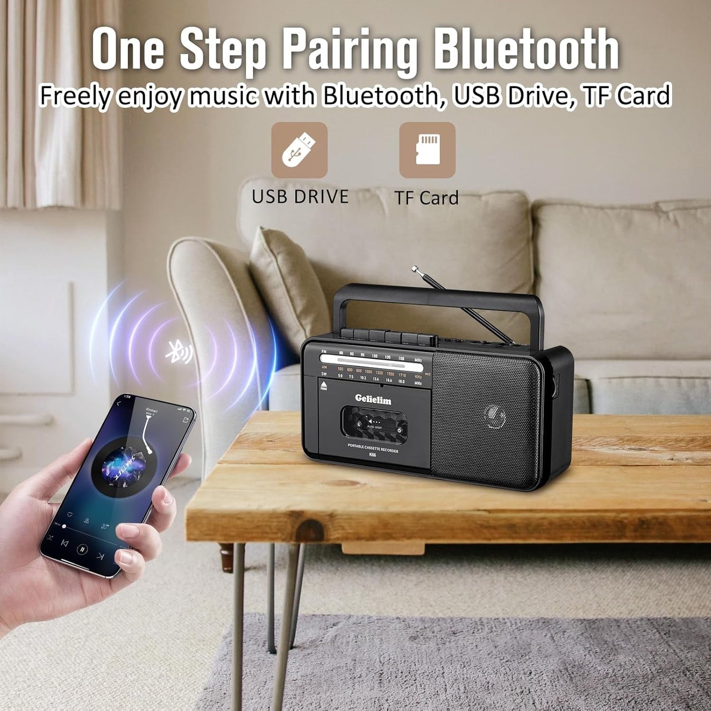 Cassette Tape Player Bluetooth Boombox Cassette Player AM/FM/SW Radio Stereo Tape Player/Recorder with Big Speaker and Earphone Jack USB/TF Card Player AC Powered or Battery Operated Grey