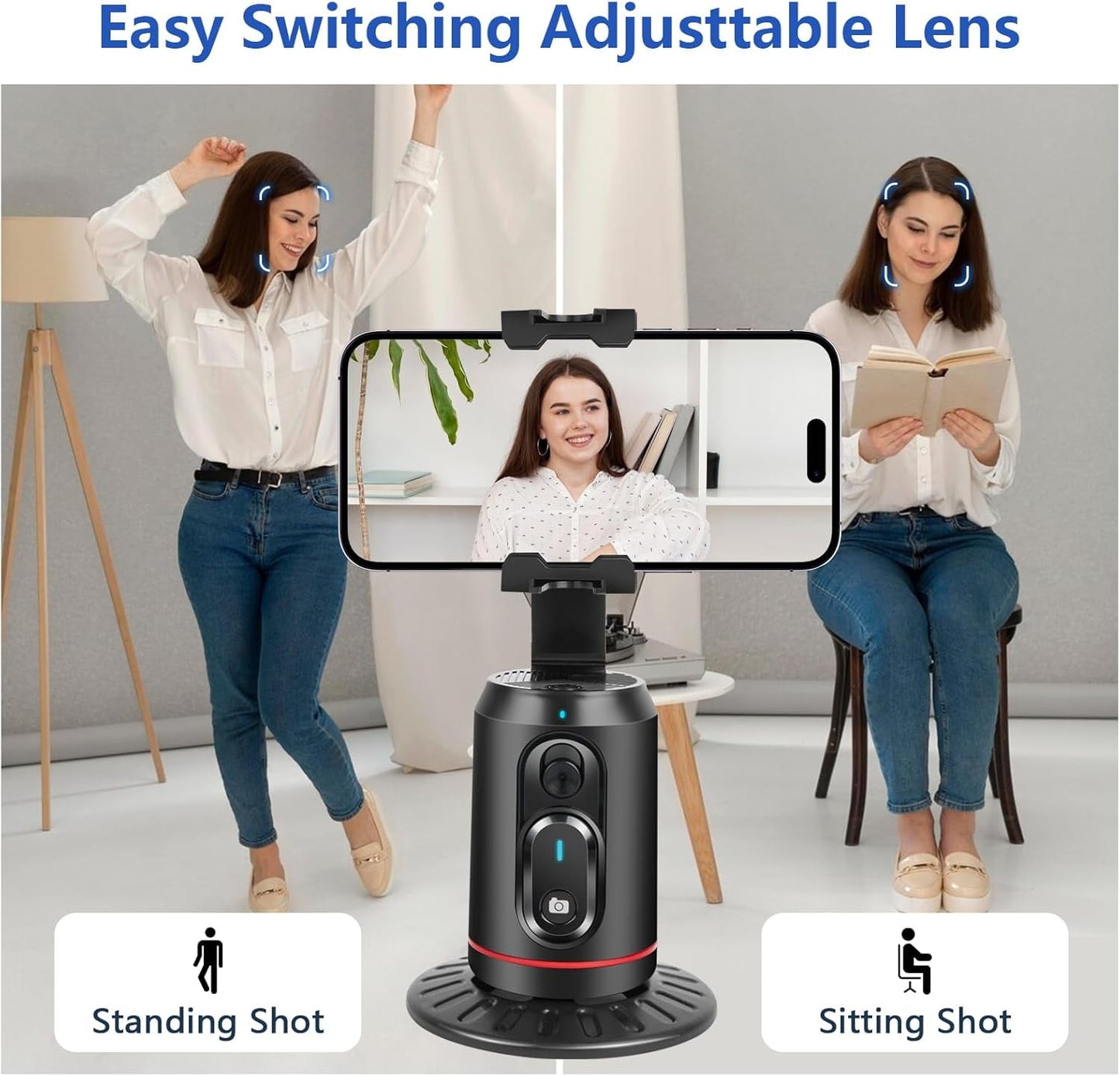 Auto Face Tracking Tripod AI Smarts 360° Rotating Auto Tracking Phone Stand No App Required Camera Stand with Remote and RGB Fill Lights Rechargeable Shooting Stand for Live Video Recording Tiktok