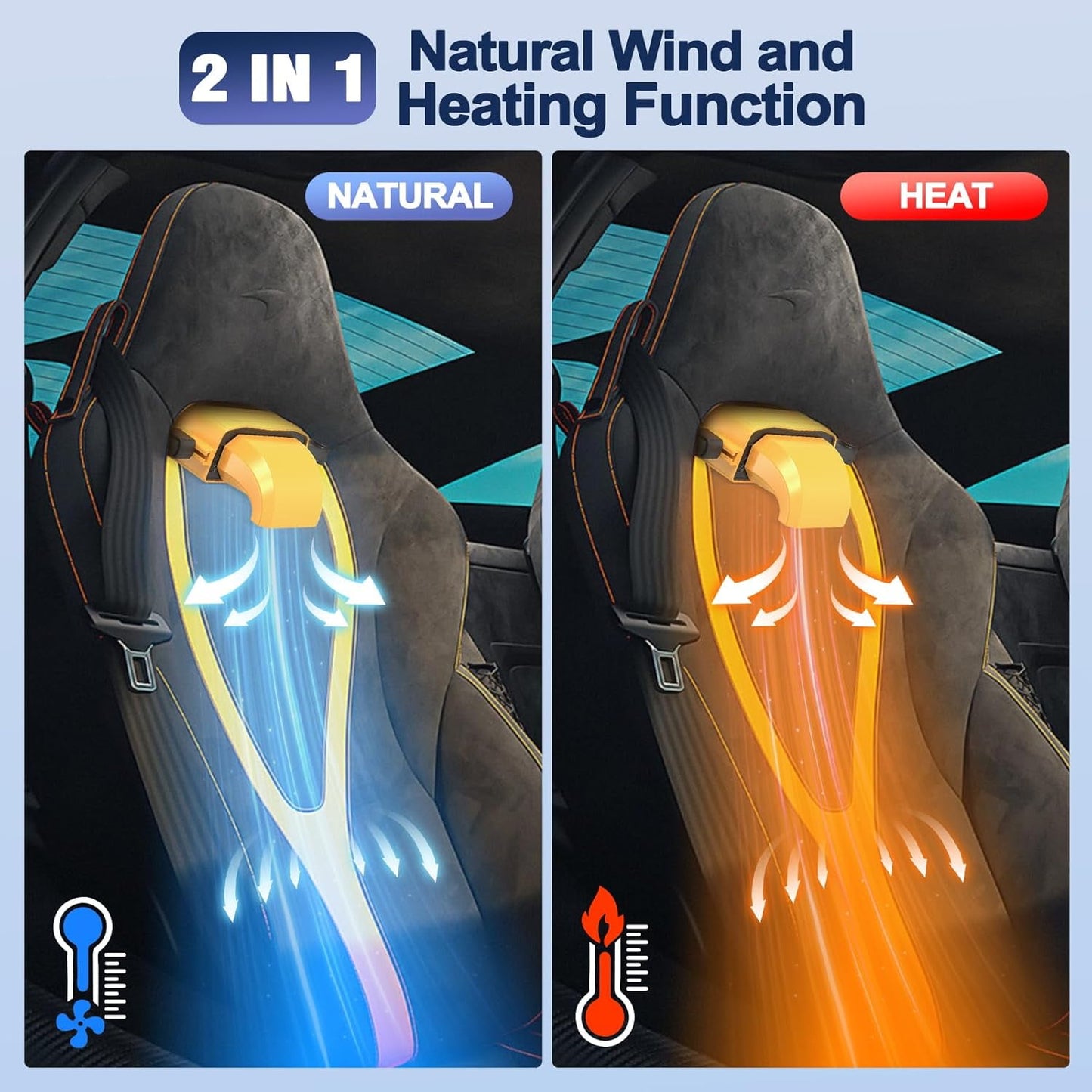 MUSICOZY Car Heater Fan 12v 150w Winter Windshield Defogger and Defroster 2 in 1 Portable Car Fast Heating Cooling Fan Can Heat for Seat with 1.4M Line 360° Rotatable Base Car Heater(Yellow)