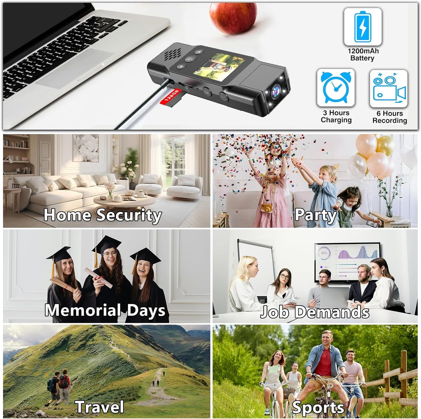 Body Camera with Audio and Video Recording 1080P Bodycam Handheld Video Recorder with 1.3 Screen 180° Rotating Lens 6h Battery 4 Fill Lights Motion Detection for Personal Civilians Travel