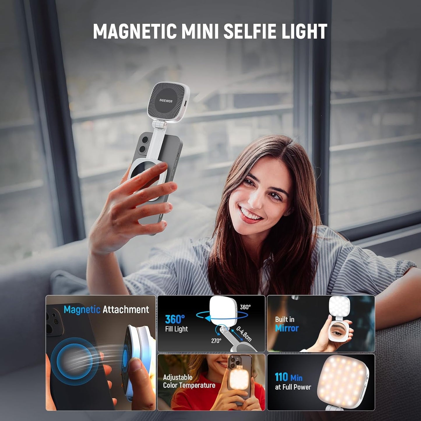 Magnetic Selfie Light for iPhone Instant Attachment for MagSafe CRI95 700lx/0.3m Folding LED Phone Fill Ring Lighting Phone Light with a Mirror for Zoom Makeup Photography Recording Video Conference