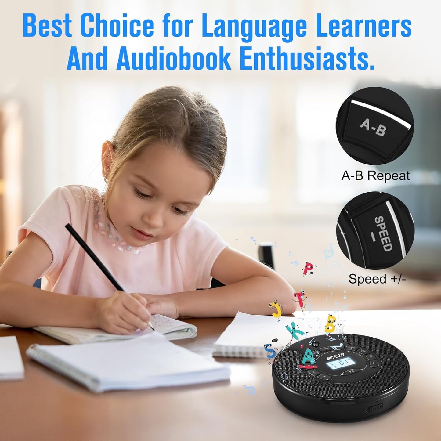 Portable CD Player with Bluetooth Rechargeable Walkmans CD Player for Car Built-in Speaker Bluetooth Transmitter A-B Repeat and Speed+/- Personal CD Player with Headphone Jack AUX Cable Best Gift
