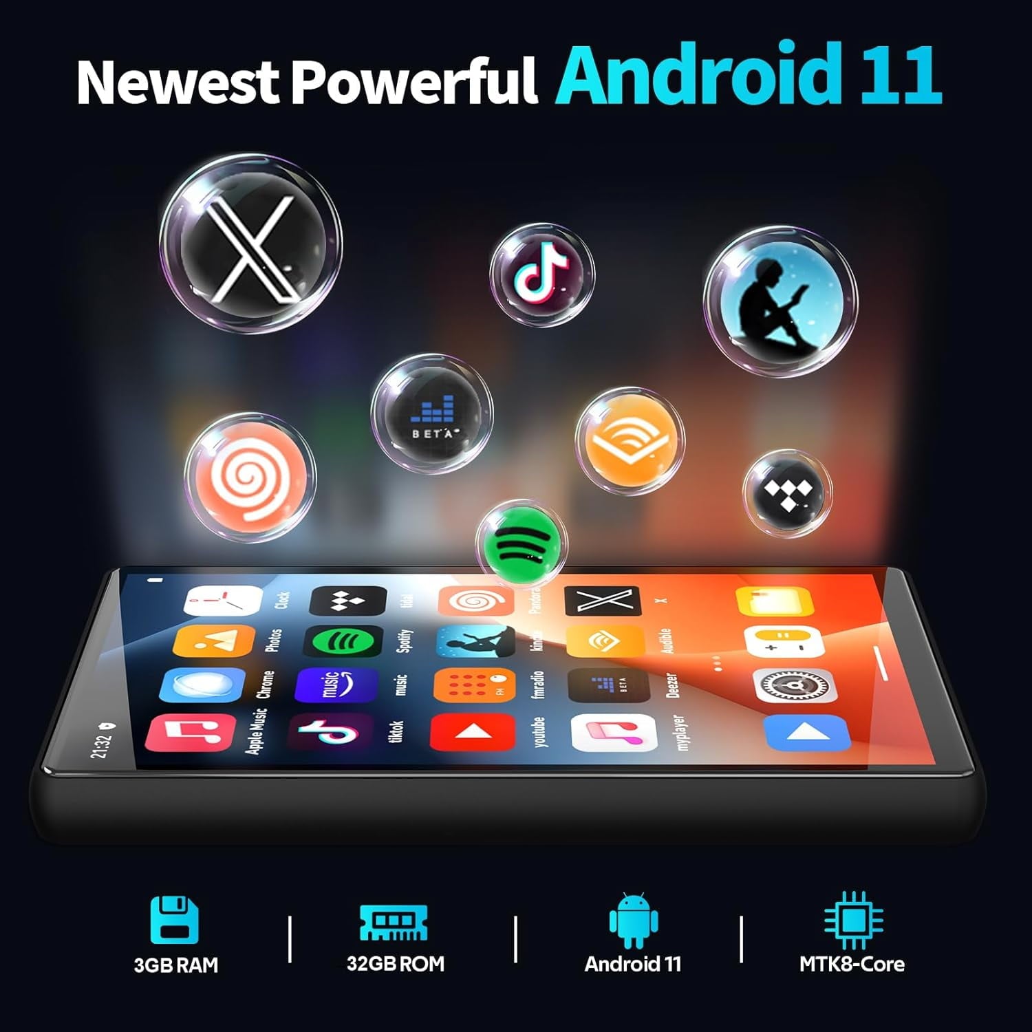 Newest 160GB MP3 Player with Bluetooth and WiFi Android 11 OS MP3 & MP4 Players with 5 Touchscreen and Speaker 3GB RAM & 32GB ROM 2500mAh Music Player with Spotify Audible Amazon Music Play Store