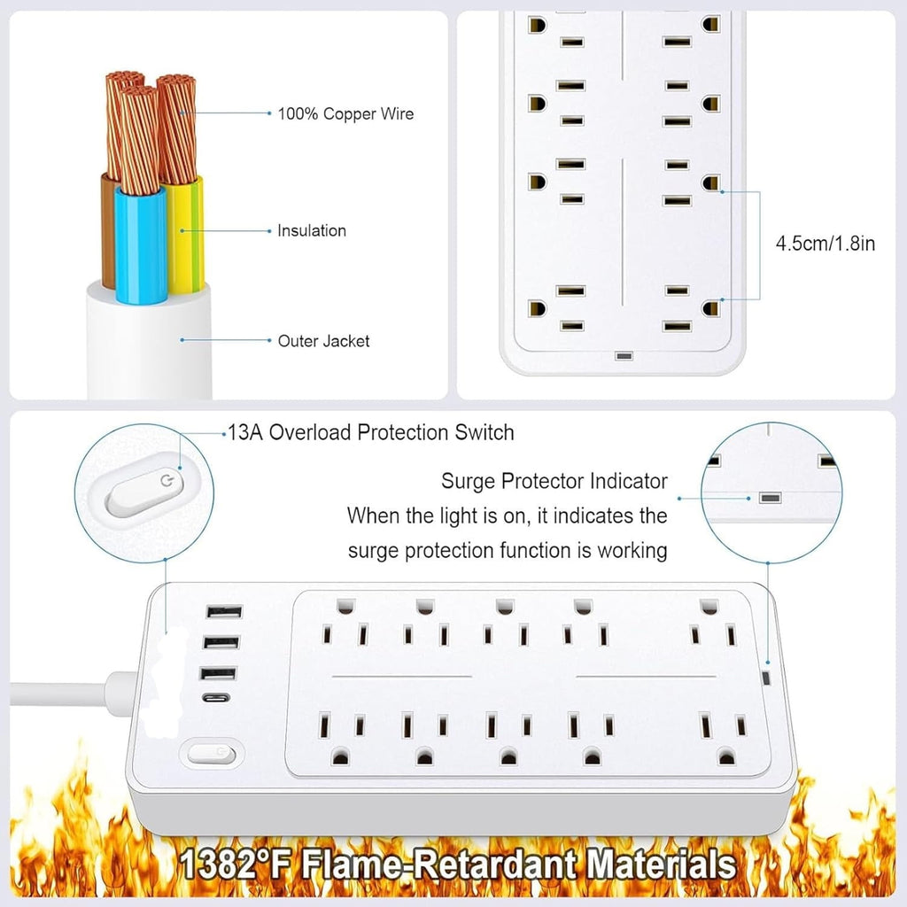 Power Strips with Surge Protection 16Awg Heavy Duty 2000W/13A 10 Outlets with 4 USB Ports (1 USB C) Extension Cord with Multiple Outlets 14-in-1 Flat Plug Power Strip Protector for Home Office White