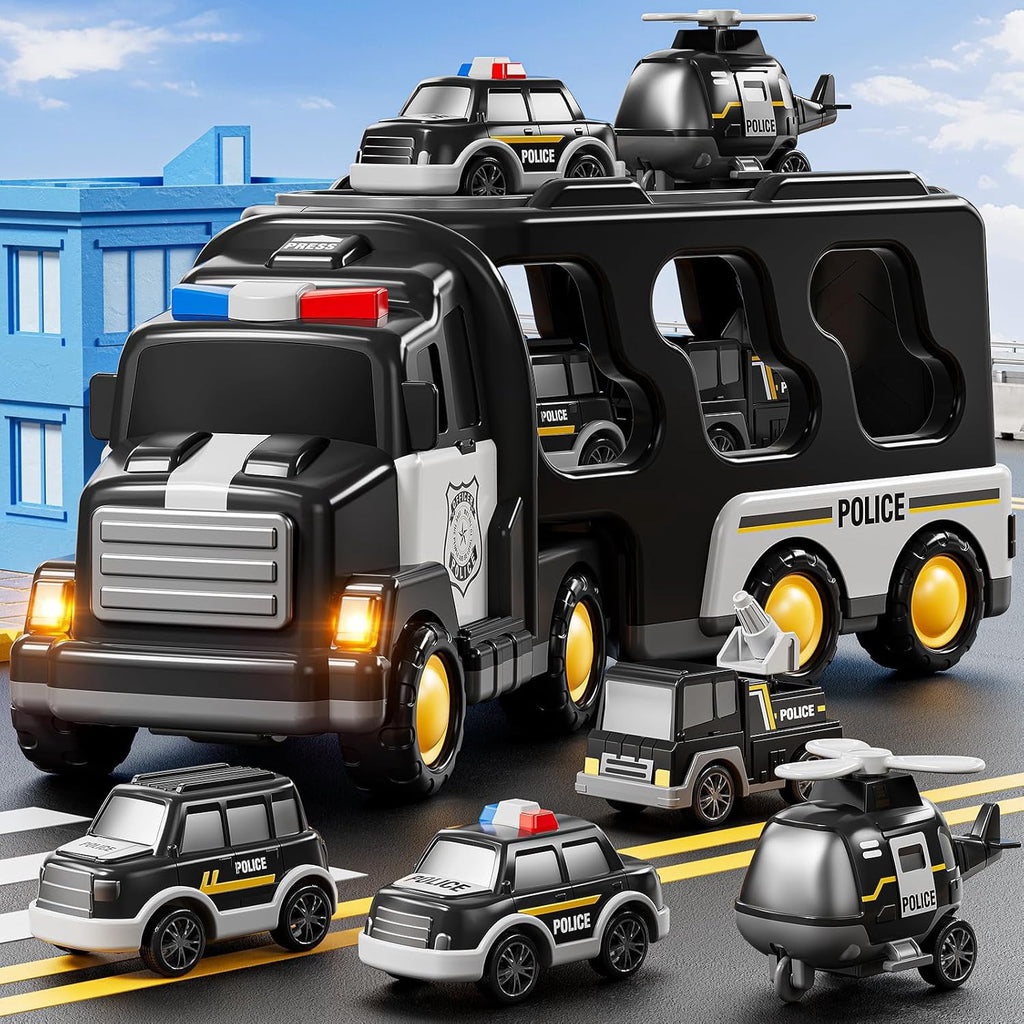 CEDQ Kids Police Truck Toy with Music for 3-9 Years Boys&Girls - 5 in 1 Black Carrier Vehicle Toy Set with 3 Small Cars 1 Helicopter Friction Powered Car Toys for Baby Birthday Gifts for Toddlers