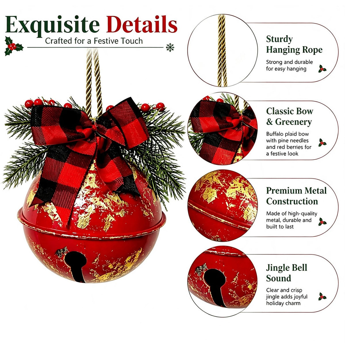 Large Christmas Bells for Decoration, Vintage Red Gold Bells Rustic Metal Hanging Christmas Jingle Bells Ornaments Traditional Christmas Decor for Christmas Tree Door Yard Porch Home Decor, 1 Pack