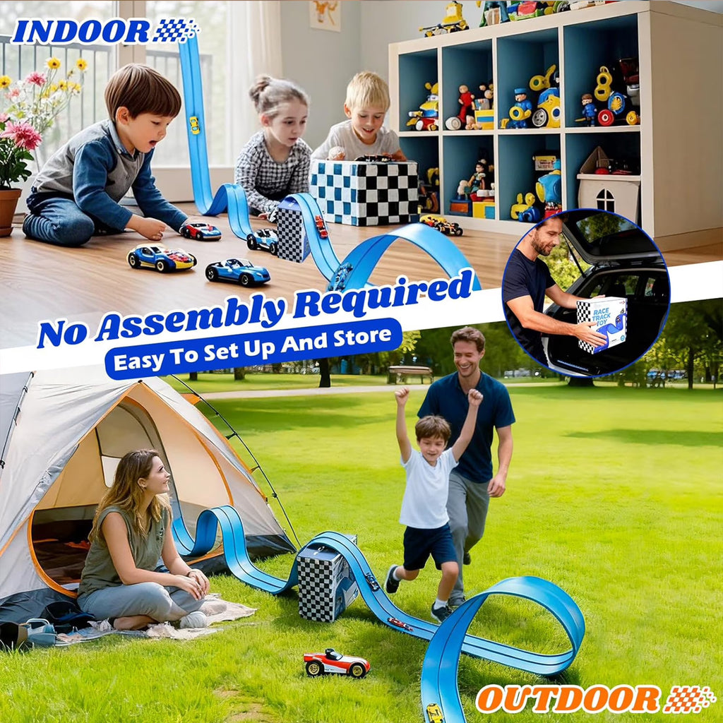 15 Ft Slot Car Race Track Sets, Flexible Race Tracks for Kids Ages 4-8 with 4 Toy Cars Suction Cups, Portable DIY Racetrack Compatible with Diecast 1/64th Cars, Ideal Gift for Kids Toys