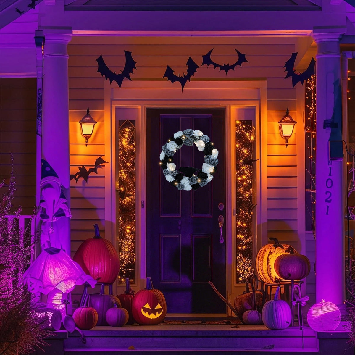 Halloween Decorative Wreath with Crow Roses Lights 13.7 Black White Flowers Gothic Garland for Wedding Creepy Decor Pendant Wreath for Front Door Porch Window Indoor Outdoor Home Halloween Decor