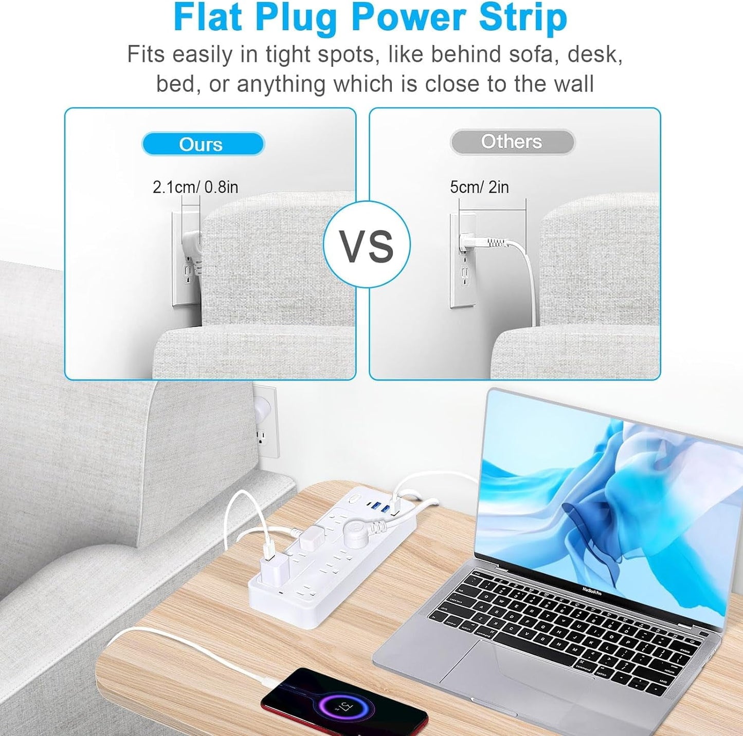 Power Strips with Surge Protection 16Awg Heavy Duty 2000W/13A 10 Outlets with 4 USB Ports (1 USB C) Extension Cord with Multiple Outlets 14-in-1 Flat Plug Power Strip Protector for Home Office White