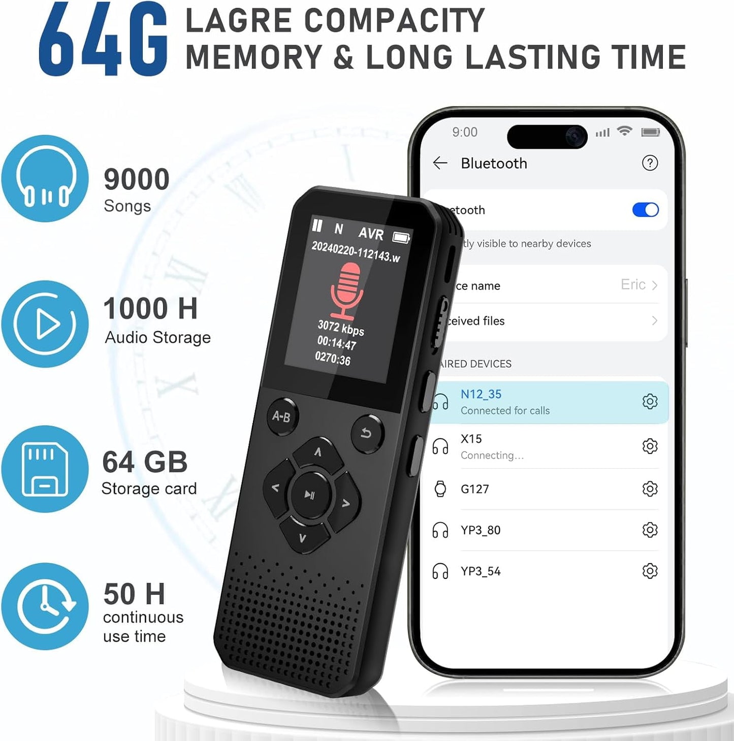 MUSICOZY MP3 Player 64GB Bluetooth Music Player Bluetooth Voice Recorder with High Bit Rate and Call Recording Ideal for Interviews Meetings Lectures and More Long Battery Life (Black)