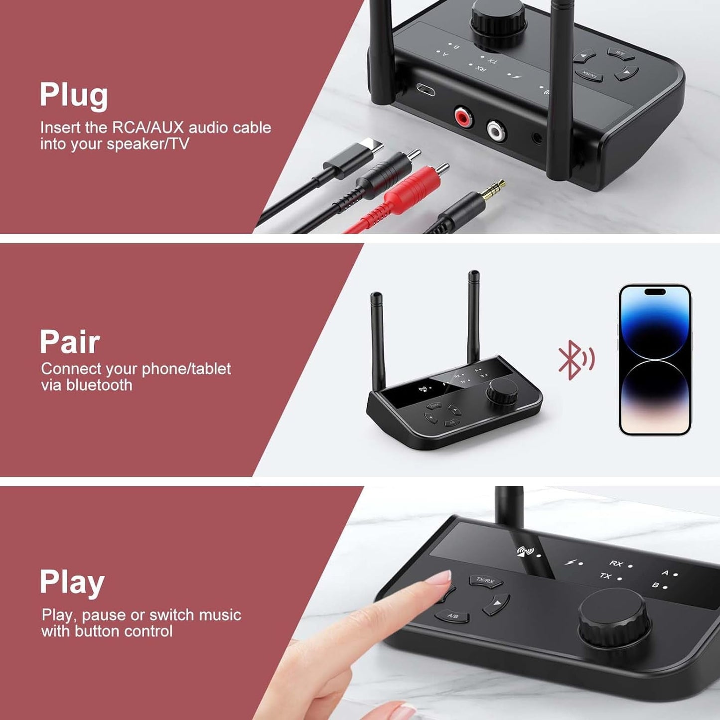 Bluetooth 5.3 Transmitter Receiver Long Range Bluetooth Audio Adapter Wireless Music Receiver with Dual Channel 3.5mm Aux RCA Port for Home Stereo Laptop Speakers