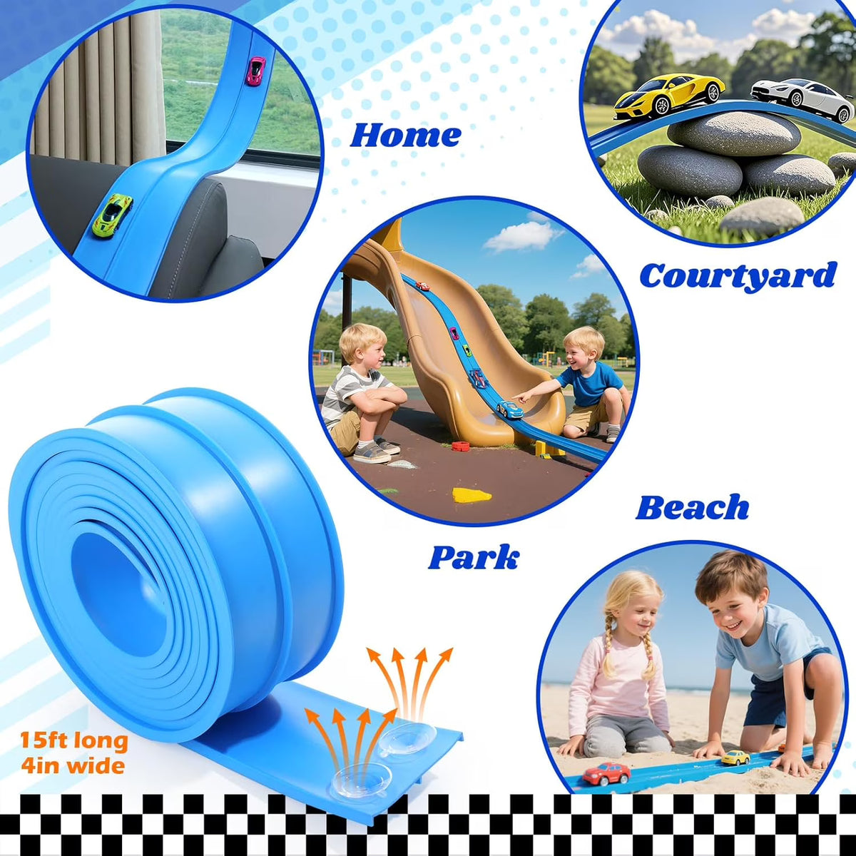 15 Ft Slot Car Race Track Sets, Flexible Race Tracks for Kids Ages 4-8 with 4 Toy Cars Suction Cups, Portable DIY Racetrack Compatible with Diecast 1/64th Cars, Ideal Gift for Kids Toys