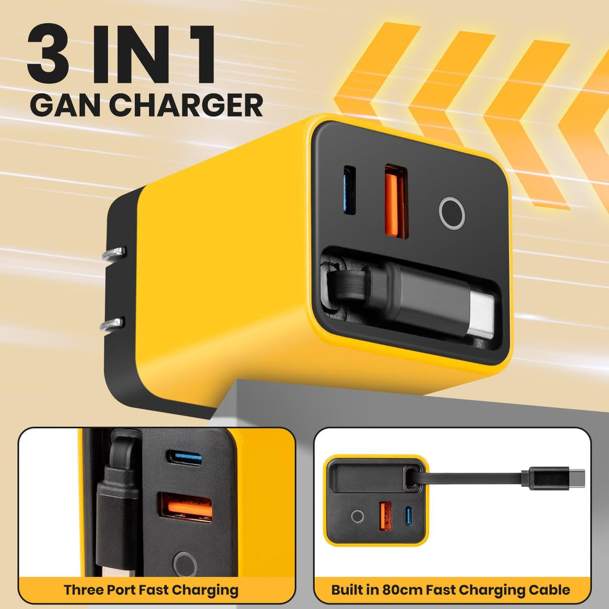 3 in 1 Type C Charger Fast Charging, 80w Charger Retractable Cable, Retractable USB C Charger with Type-C Cable & 2 USB Ports, All in One Chargers Retractable Cable, Home Travel Essential (Yellow)