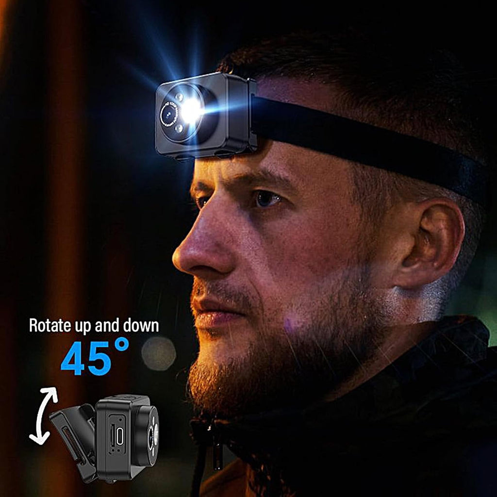 Head-Mounted Camera LED headlamp 1080P HD Body Action Camera Wearable Video Recording Smart Sensing Control Shock-Absorbing Cam Suitable for Nighttime Activities: Electricians Cycling Fishing Hiking