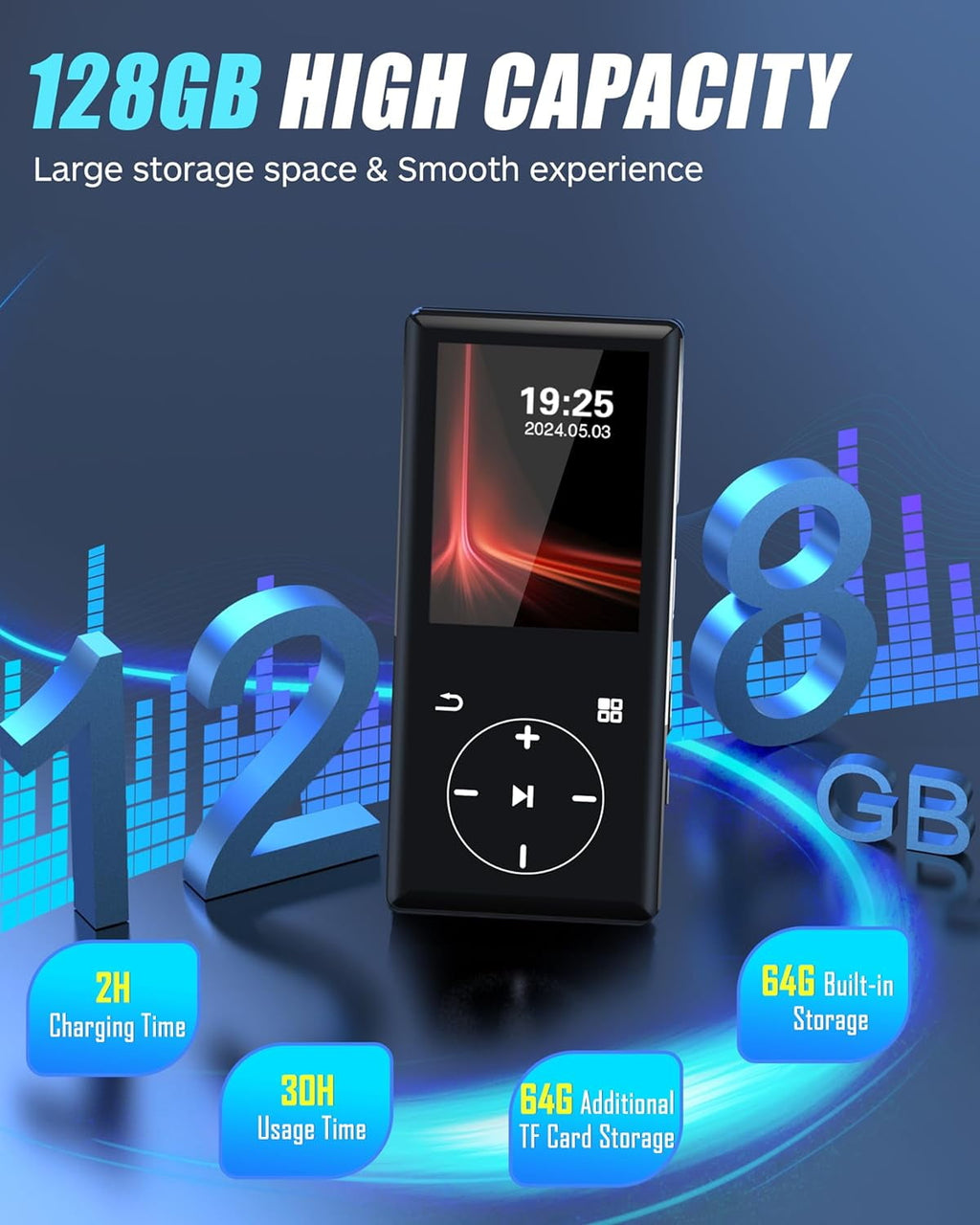MUSICOZY 128GB MP3 Player with Bluetooth - Portable Mp3 Music Player with HiFi Speaker 2.4 Screen MP3 Player with Voice Recorder FM Radio Touch Buttons Support up to 256GB SD Card For Sports