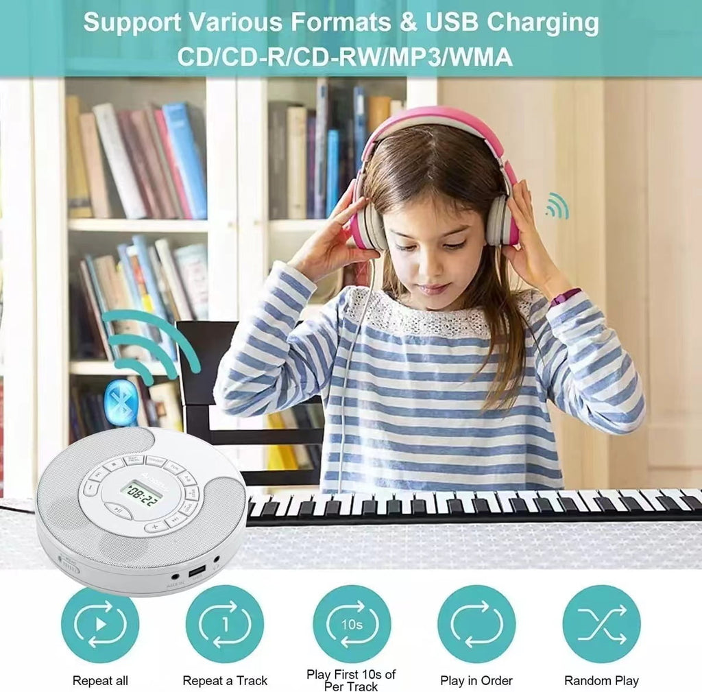Portable CD Player with Bluetooth Rechargeable Walkmans CD Player for Car Built-in Speaker Bluetooth Transmitter A-B Repeat and Speed+/- Personal CD Player with Headphone Jack AUX Cable Best Gift