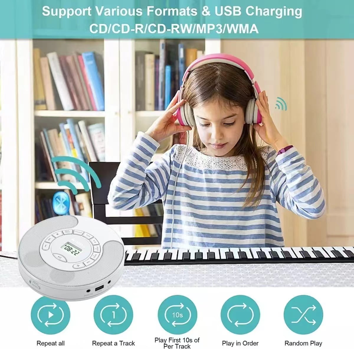 Portable CD Player with Bluetooth Rechargeable Walkmans CD Player for Car Built-in Speaker Bluetooth Transmitter A-B Repeat and Speed+/- Personal CD Player with Headphone Jack AUX Cable Best Gift