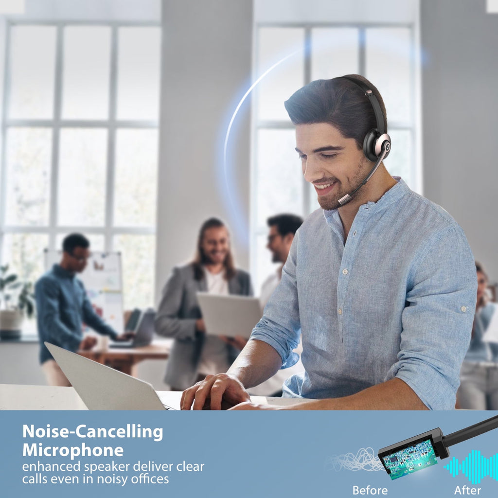 MUSICOZY Bluetooth Headset with Microphone Wireless Headphones with Noise Cancelling Mic 26hrs talktime On Ear Headphones with Mic Mute for Mac/Laptop/Zoom/Teams/Call Center/Office/Home Rose Gold