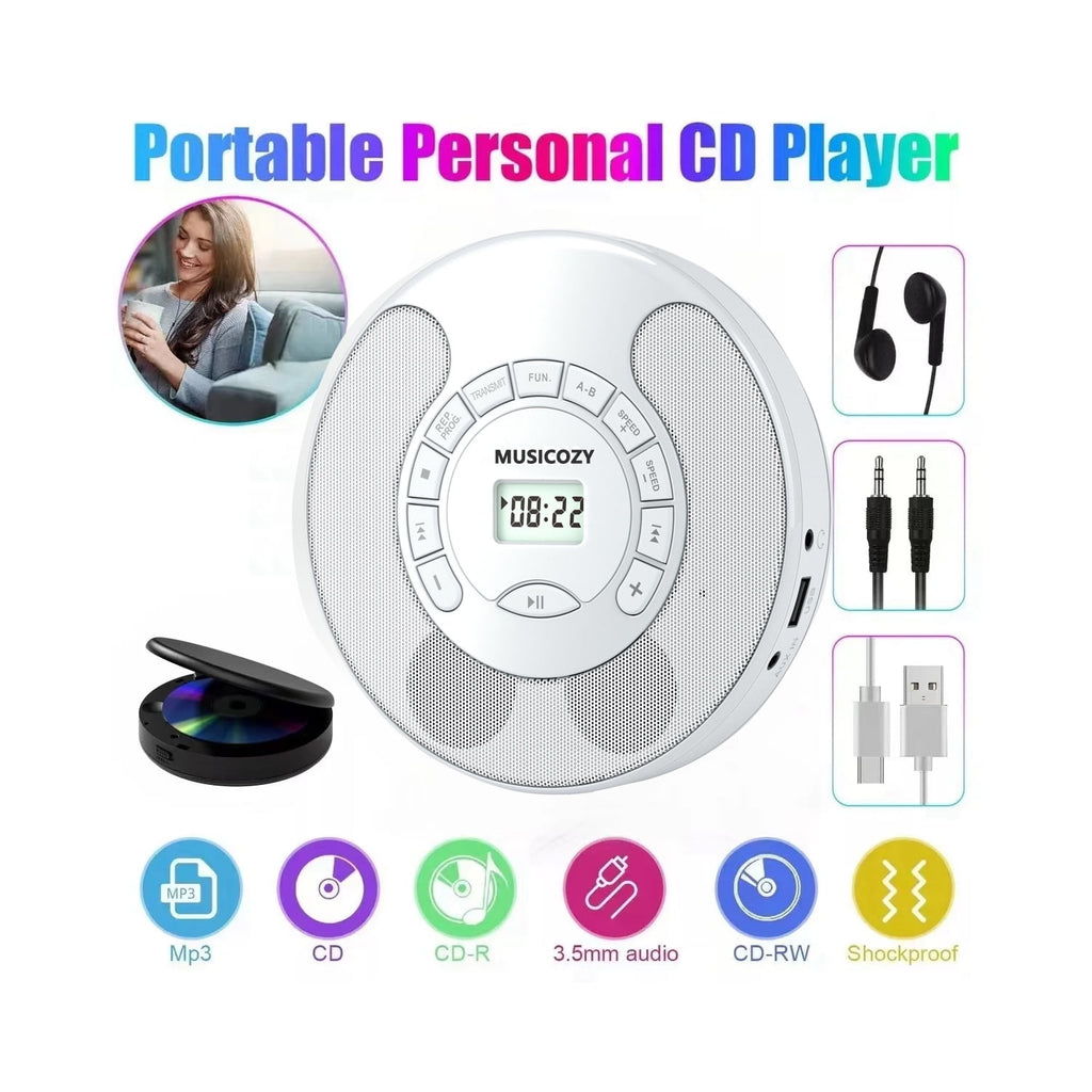 Portable CD Player with Bluetooth Rechargeable Walkmans CD Player for Car Built-in Speaker Bluetooth Transmitter A-B Repeat and Speed+/- Personal CD Player with Headphone Jack AUX Cable Best Gift