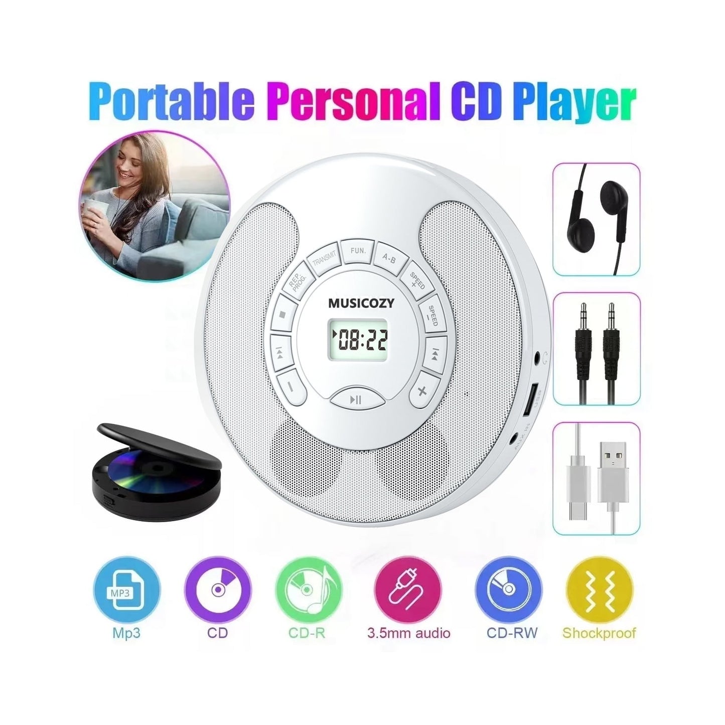 Portable CD Player with Bluetooth Rechargeable Walkmans CD Player for Car Built-in Speaker Bluetooth Transmitter A-B Repeat and Speed+/- Personal CD Player with Headphone Jack AUX Cable Best Gift