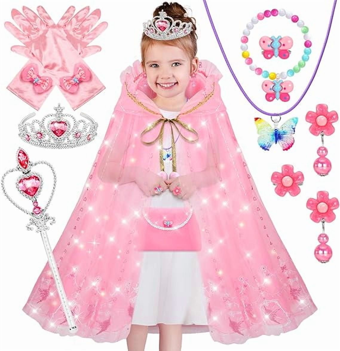Princess Dress up Toys for Girls kids Costume Props for Halloween Christmas Little Girls Princess Cape Sets Princess Costume Set with crown Jewelry Gloves Magic Wand for Girls 4-7 Year Old Gifts
