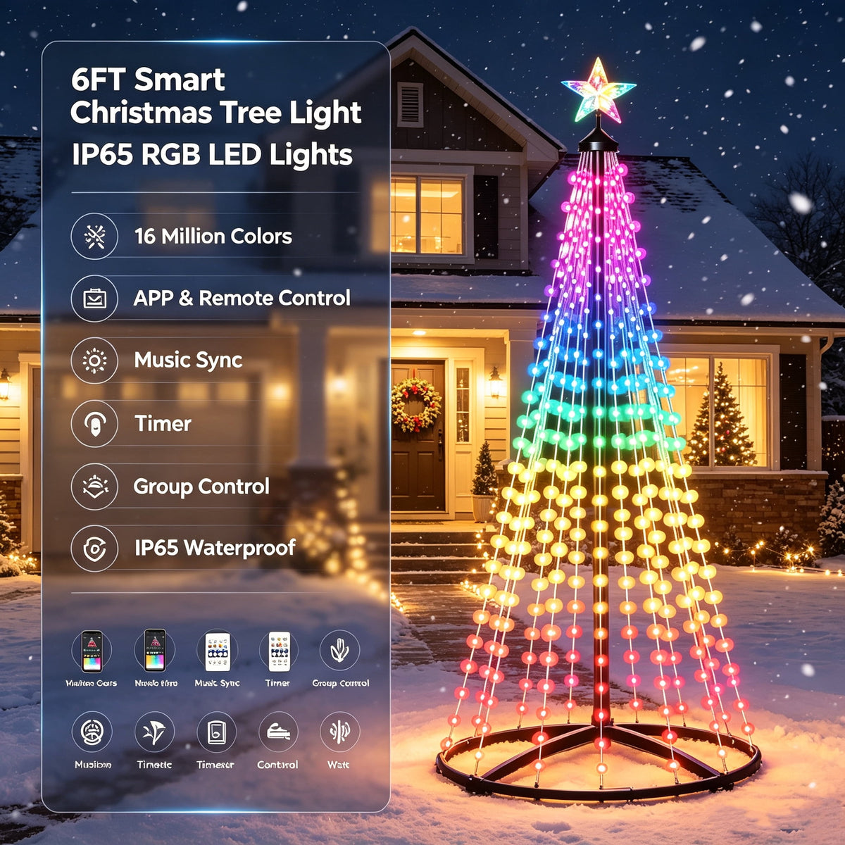 6FT Smart Christmas Tree Light IP65 RGB Christmas LED Lights 16 Mil Color Changing APP & Remote Control Music Sync Timer Group Control String Lights Xmas Decor Patio Beach Pool Cruise Party Gift