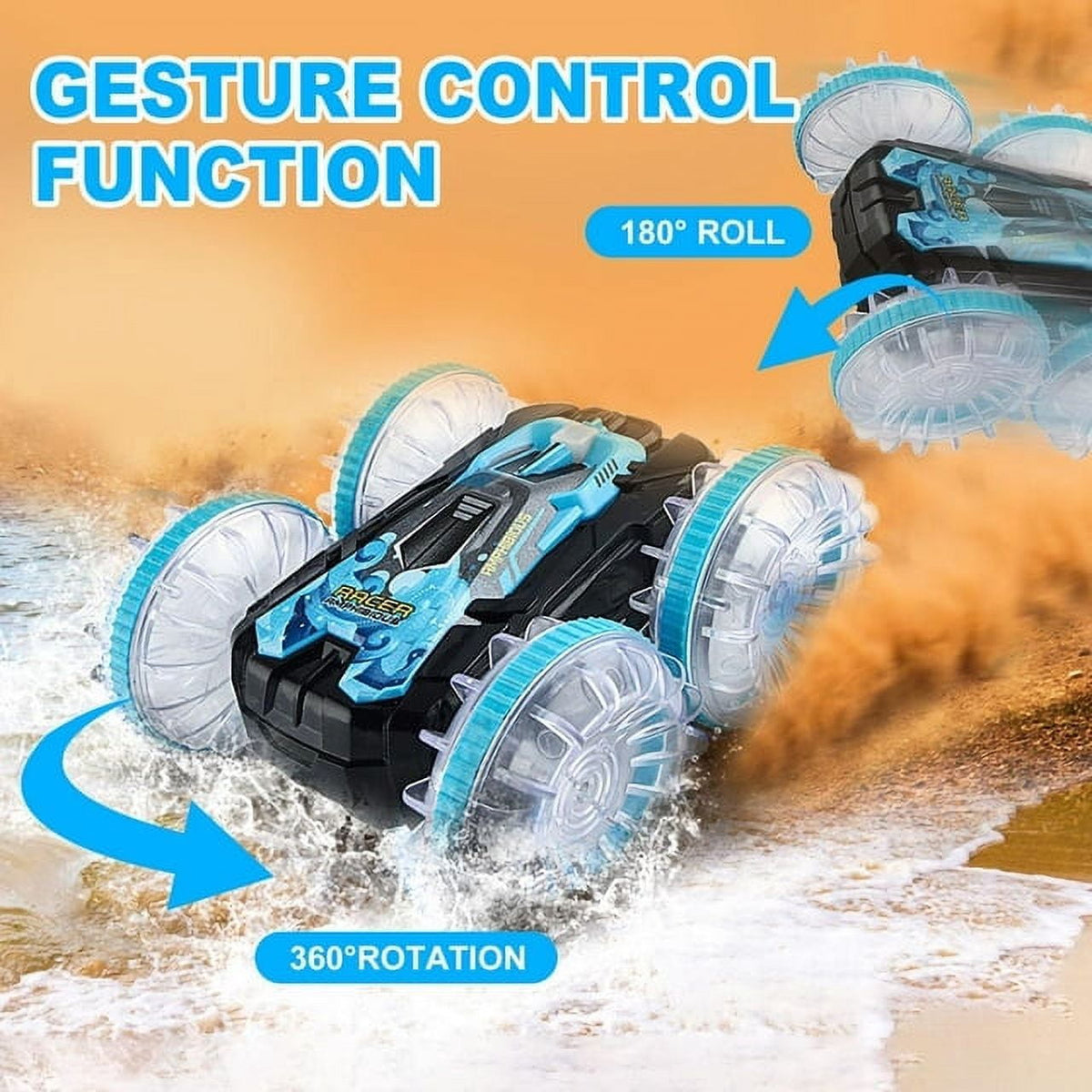 Amphibious Remote Control Cars Toys Amphibious Waterproof 4WD RC Stunt Car Toys for Kids 2.4 GHz 360° Rotating RC Drift Cars with LED Light Toy Cars Gifts for 3-12 Year Old Boys Girls Blue