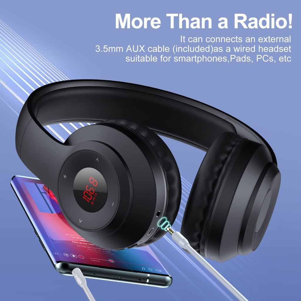 Wireless FM Radio Headphones with Bluetooth Built-in Microphone LED Display Rechargeable & Portable Headphones Soft Ear Muffs FM Headset Radio Receiver for Meeting Works Hiking Jogging