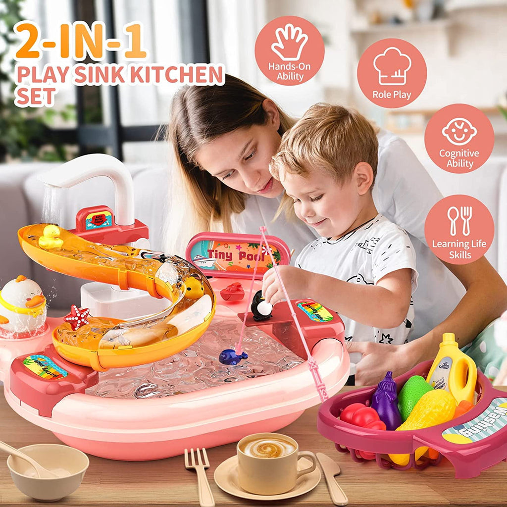 Toddler Toys Baby Toys Kid Toys Fishing Table and Dishwasher Toys Kids Kitchen Sink & Fishing Playset & Electric Dishwasher Toys Electric Water Table for Kid 3-12 Years Play Sink Fishing Toy Pool Set