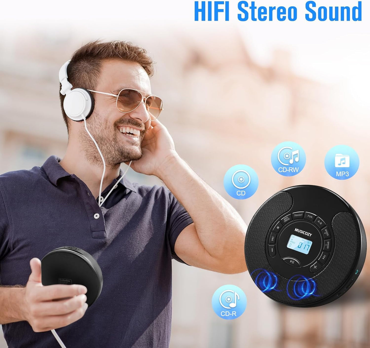 Portable CD Player with Bluetooth Rechargeable Walkmans CD Player for Car Built-in Speaker Bluetooth Transmitter A-B Repeat and Speed+/- Personal CD Player with Headphone Jack AUX Cable Best Gift