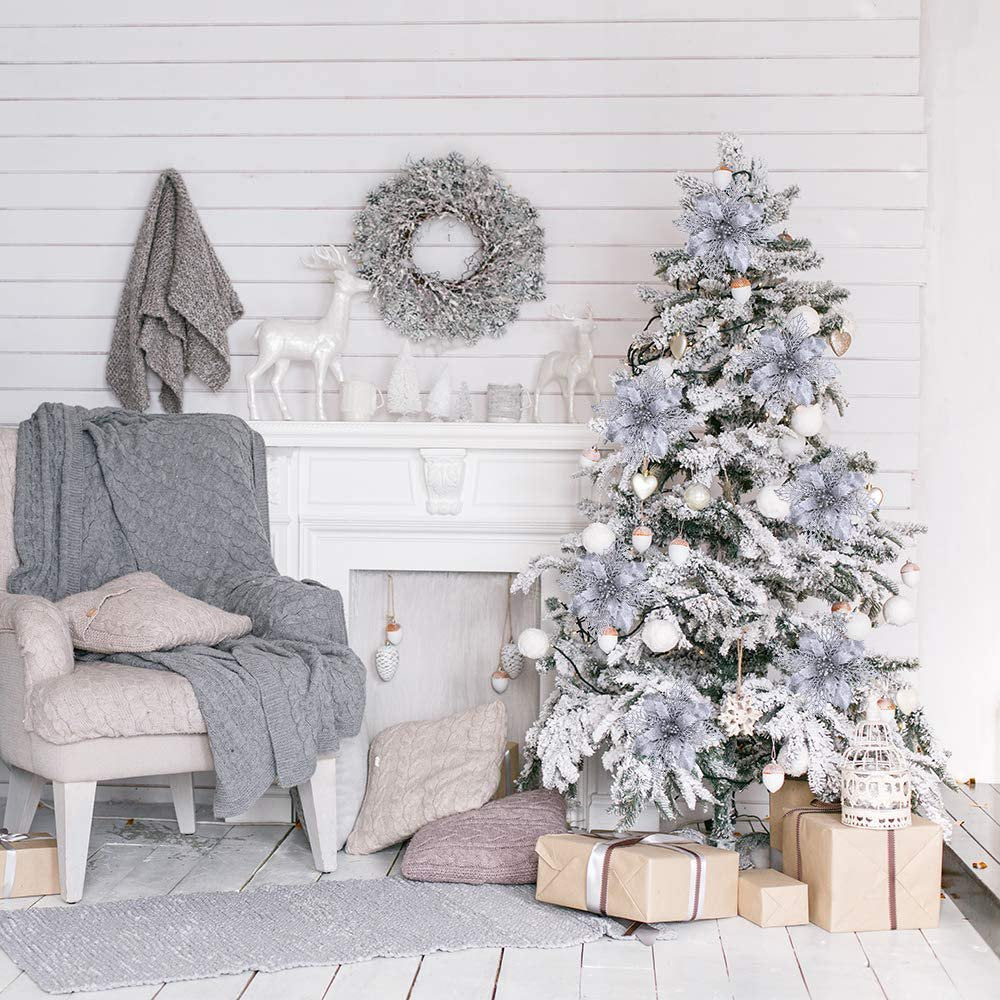 XEAZON 16 Pcs Christmas Glitter Flower, 6.3 inch Christmas Silver Glitter Hollow Leaf, Artificial Poinsettia Flowers Tree Ornaments, Festival Xmas Decor for Wedding Christmas Party Home Decoration