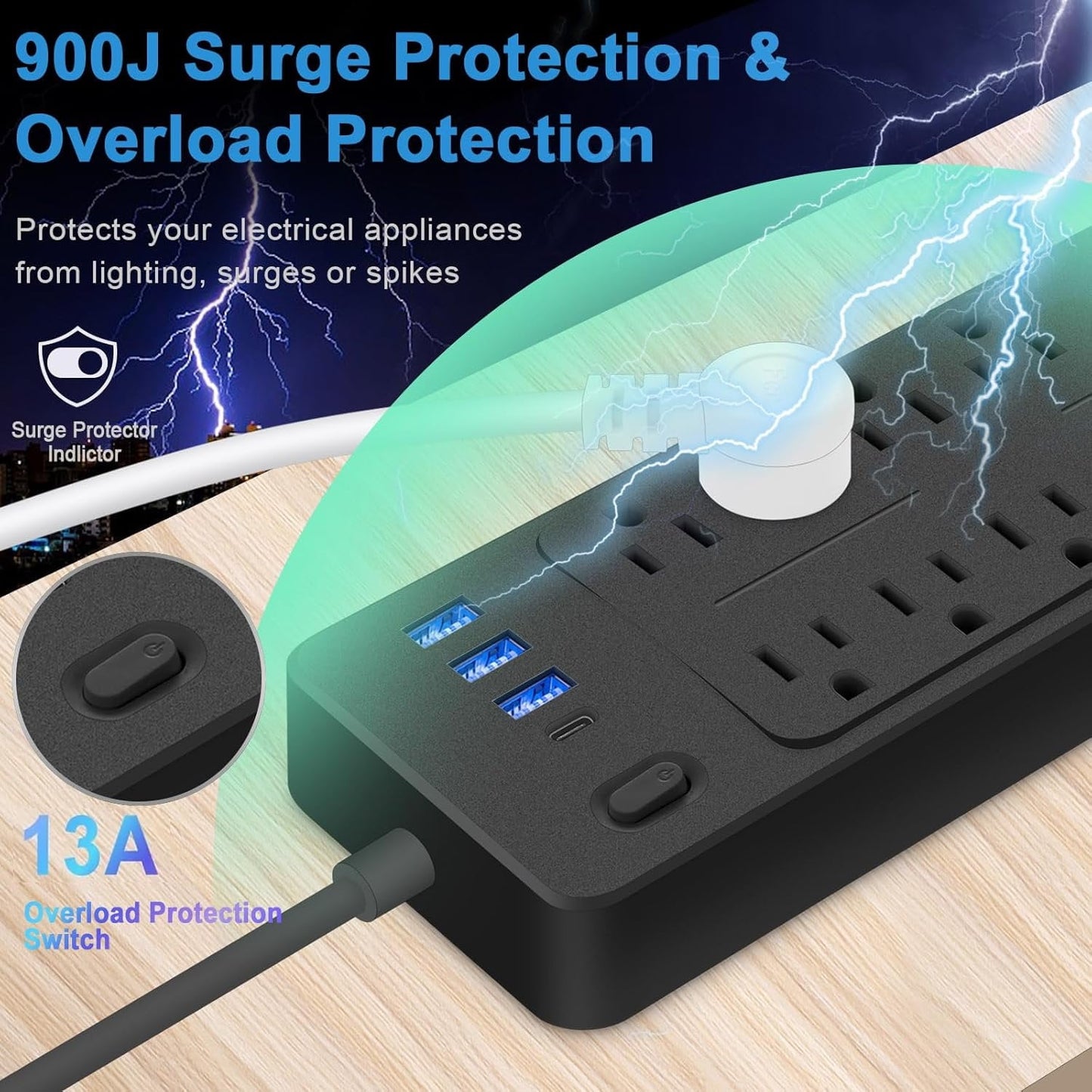Power Strips with Surge Protection 16Awg Heavy Duty 2000W/13A 10 Outlets with 4 USB Ports (1 USB C) Extension Cord with Multiple Outlets 14-in-1 Flat Plug Power Strip Protector for Home Office Black