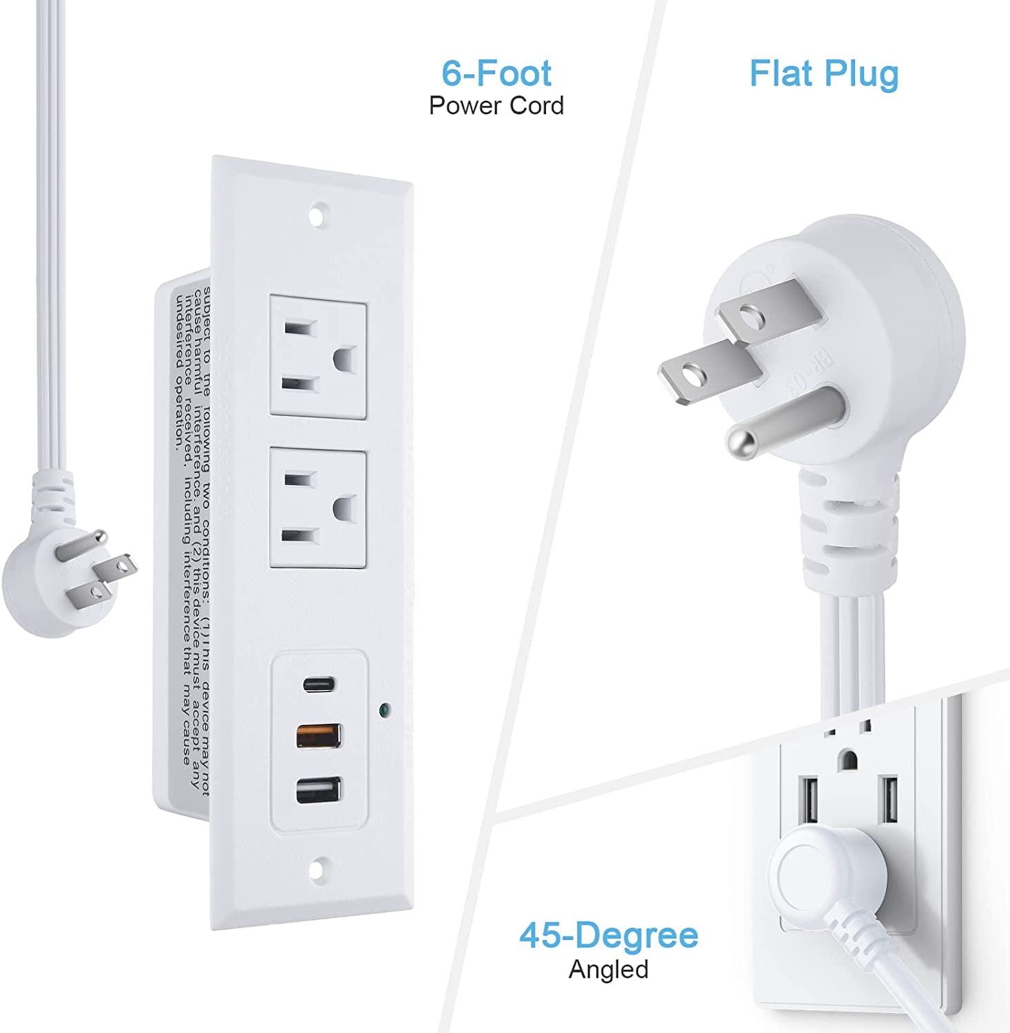 Recessed Power Strip with 20W USB C Port Fast Charging USB A Port Desk Outlet Furniture Hidden Charging Station for Side Table End Table with 6FT 45 Degree Flat Plug Extension Cord White