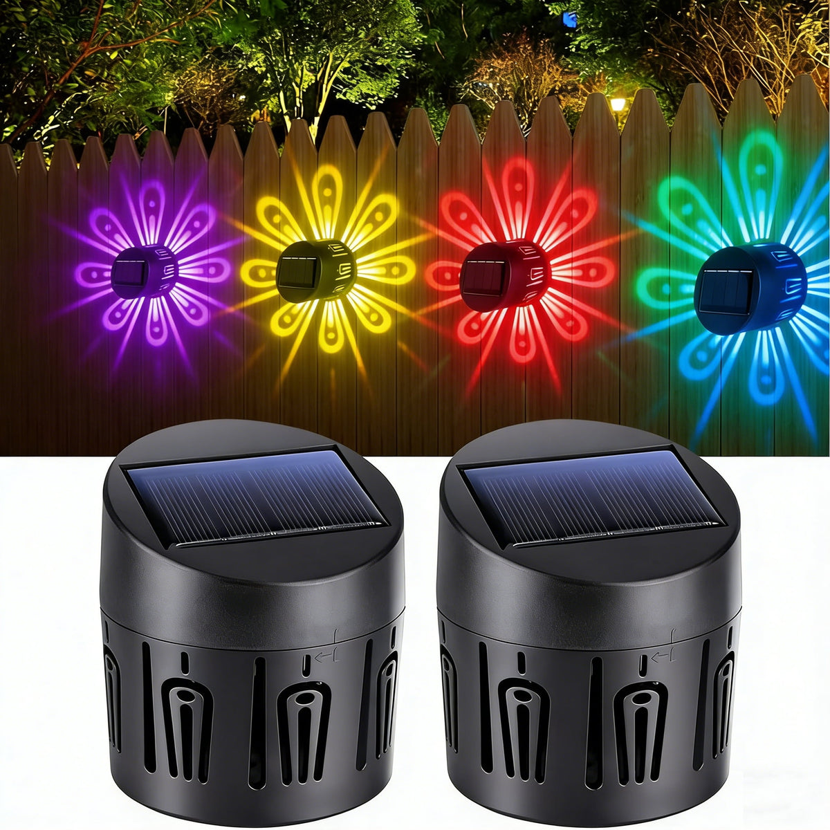 XEAZON 2PCS Solar Fence Lights RGB Solar Deck Lights for Christmas Decor IP65 Waterproof Outside Garden Steps Shadow Decoration Light for Wall Patio Stair Yard Pathway Courtyard 7 Colors Change