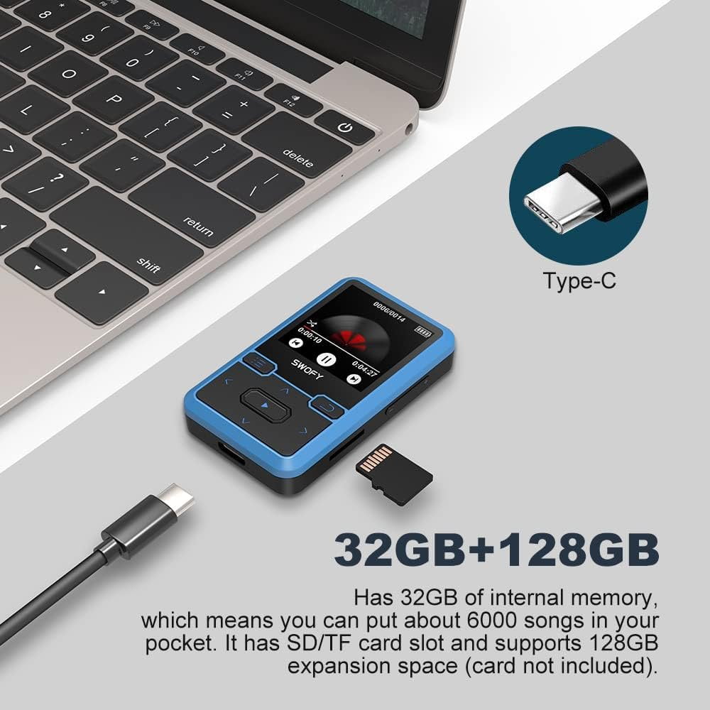 32GB MP3 Player with Bluetooth 5.0 Mini Clip Portable Wearable MP3 Player with FM Radio Recording Children s Music mp3 Player Mp3 Mp4 Player with Pedometer Music Player Support up to 128GB(Blue)