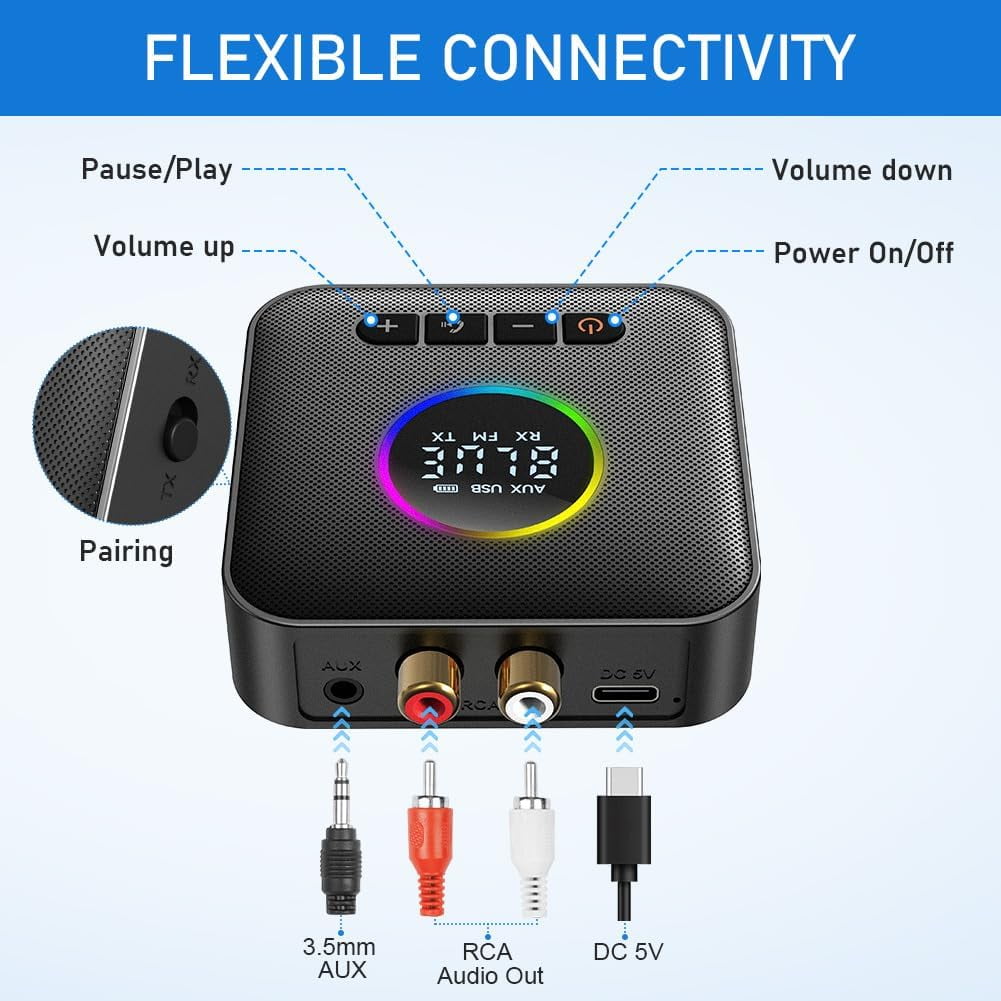 Bluetooth 5.4 HiFi Receivers 2-in-1 Bluetooth 5.4 Transmitter & Receiver for music Streaming Sound System Wireless Audio Adapter with 3.5mm RCA for Home Stereo System/Speakers/Car/TV/Tablet