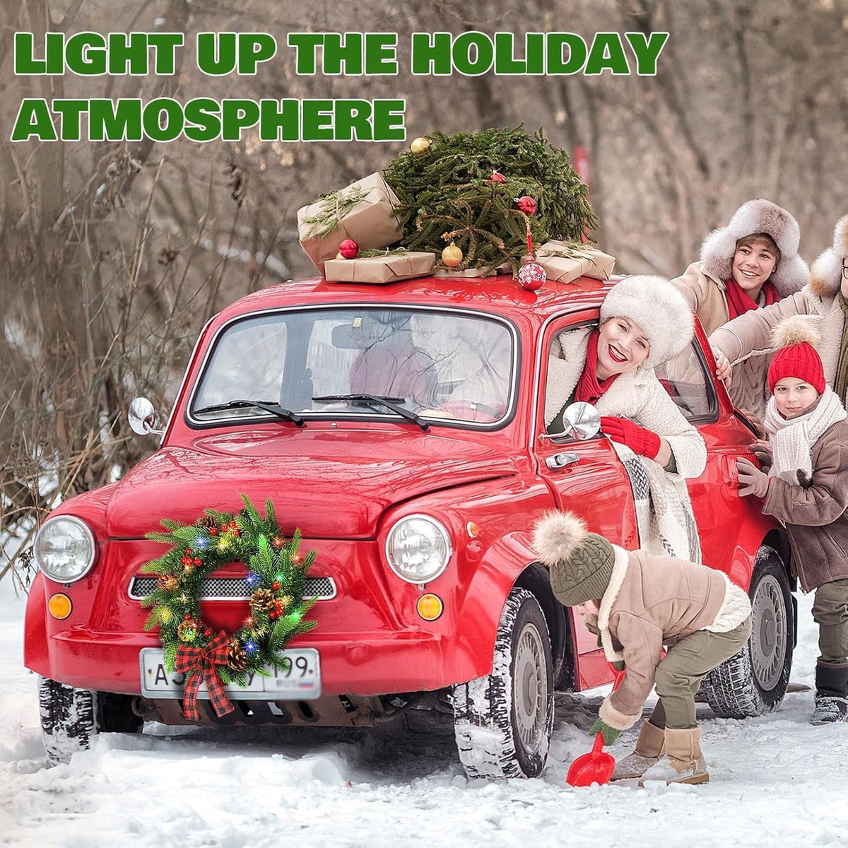 Lighted Christmas Wreaths for Car Front Grill, 11.81" Artificial Christmas Car Wreath Decorations with Red Bow & Berry Clusters, Battery Operated, Christmas Car Decorations for Golf Cart SUV Jeeps