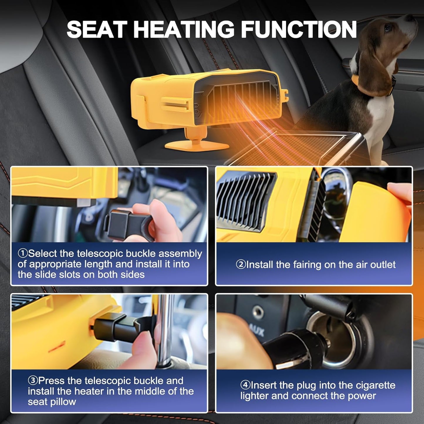 MUSICOZY Car Heater Fan 12v 150w Winter Windshield Defogger and Defroster 2 in 1 Portable Car Fast Heating Cooling Fan Can Heat for Seat with 1.4M Line 360° Rotatable Base Car Heater(Yellow)