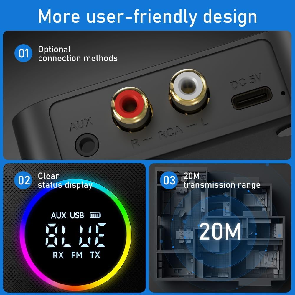 Bluetooth 5.4 HiFi Receivers 2-in-1 Bluetooth 5.4 Transmitter & Receiver for music Streaming Sound System Wireless Audio Adapter with 3.5mm RCA for Home Stereo System/Speakers/Car/TV/Tablet