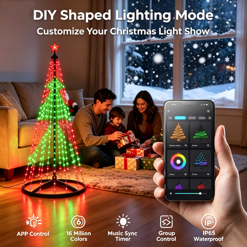 6FT Smart Christmas Tree Light IP65 RGB Christmas LED Lights 16 Mil Color Changing APP & Remote Control Music Sync Timer Group Control String Lights Xmas Decor Patio Beach Pool Cruise Party Gift