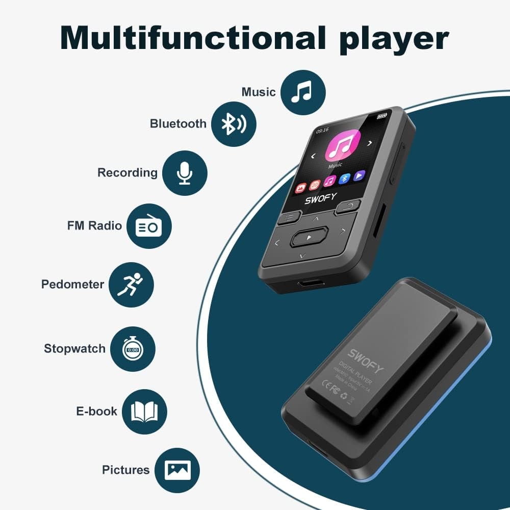 32GB MP3 Player with Bluetooth 5.0 Mini Clip Portable Wearable MP3 Player with FM Radio Recording Children s Music mp3 Player Mp3 Mp4 Player with Pedometer Music Player Support up to 128GB(Black)