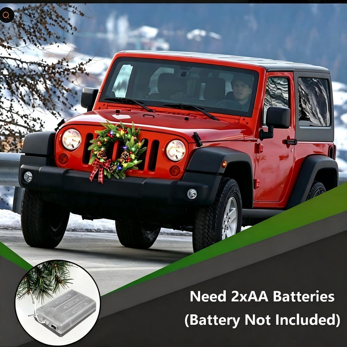 Lighted Christmas Wreaths for Car Front Grill, 11.81" Artificial Christmas Car Wreath Decorations with Red Bow & Berry Clusters, Battery Operated, Christmas Car Decorations for Golf Cart SUV Jeeps
